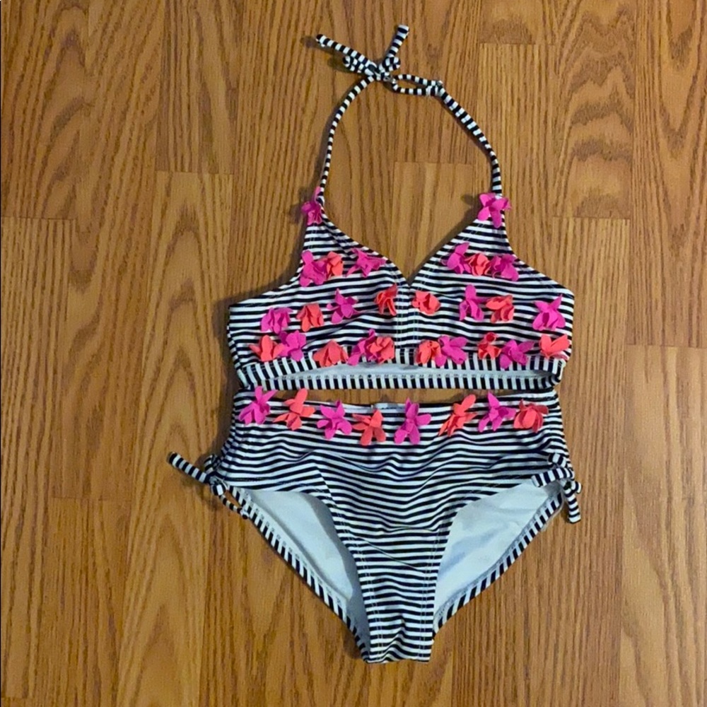 Girls Swimsuit Bikini Black & White Striped 6X